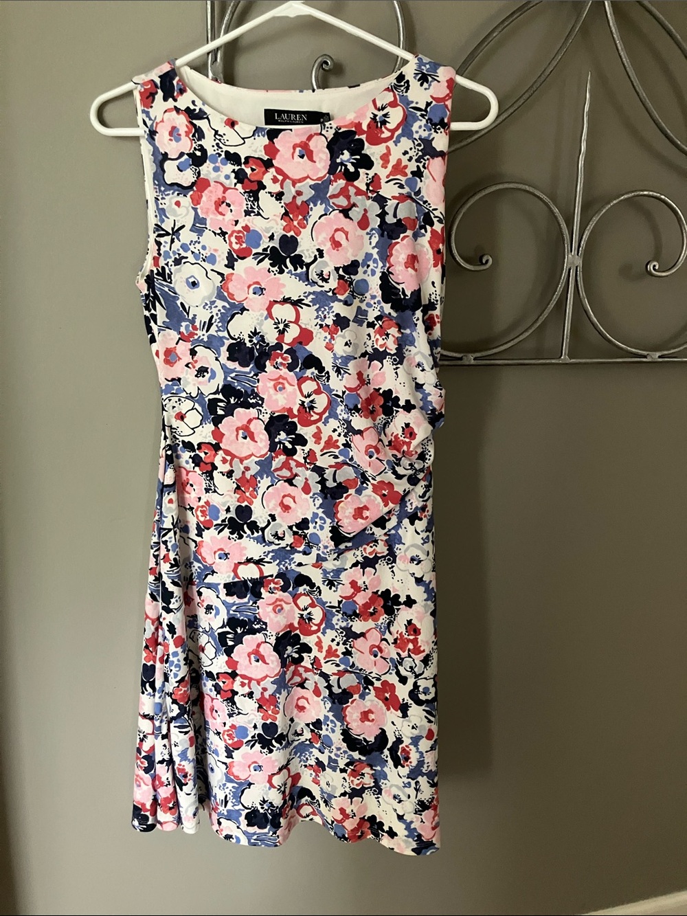 Like new. Ralph Lauren White Floral Mini Dress with Pink & Navy Blooms